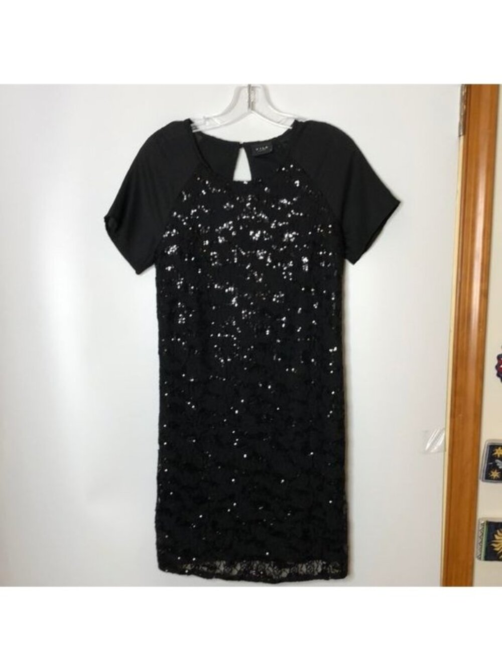 VILA Womens Black Lace Sequined Short Sleeve Pullover Shift Dress S SMALL